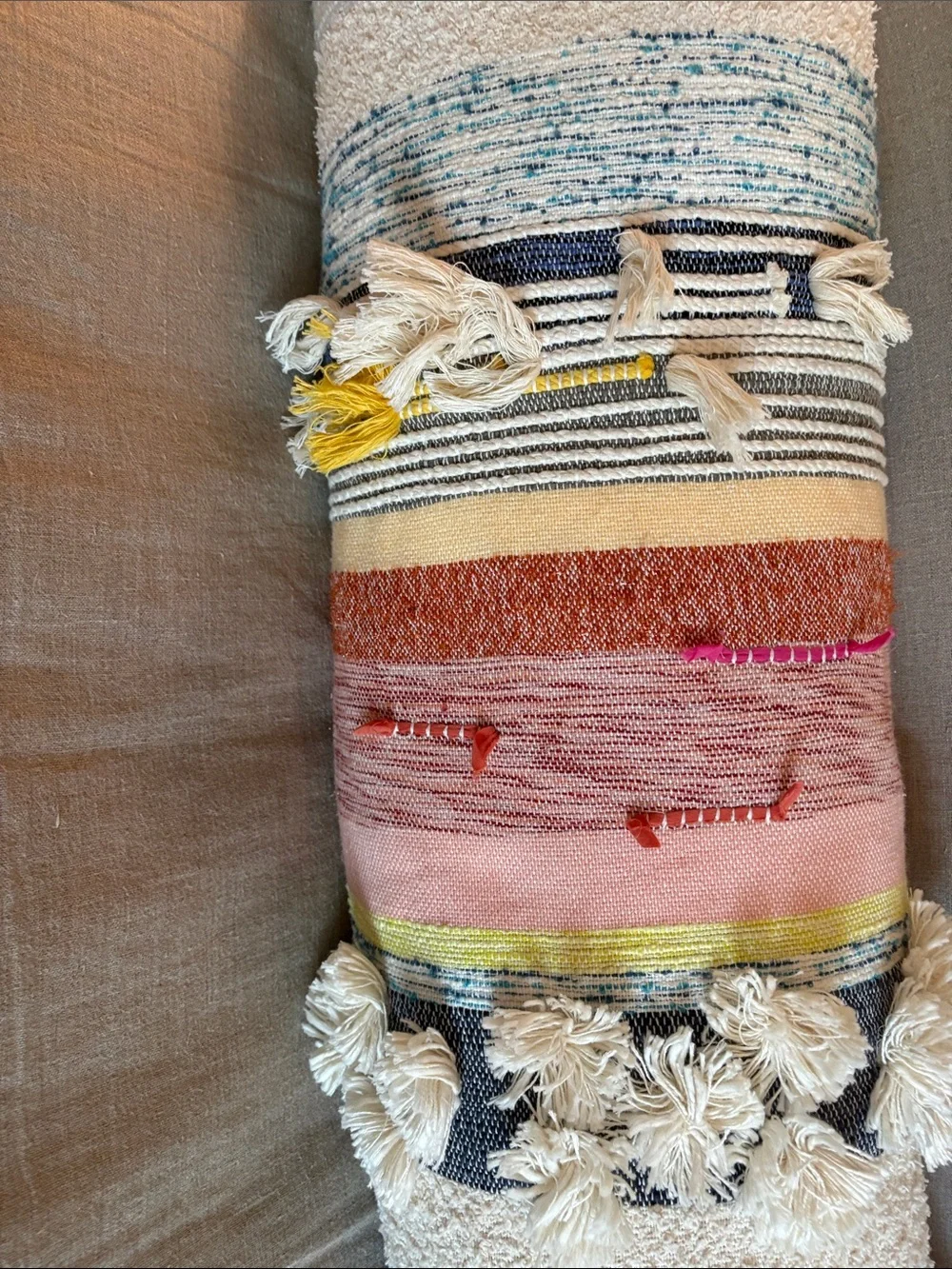 Decorative Multicolor Woven Lumbar Pillow with Tassels